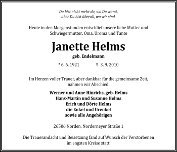 Traueranzeige von Janette Helms von Ostfriesischer Kurier