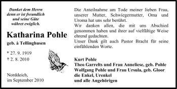 Traueranzeige von Katharina Pohle von Ostfriesischer Kurier