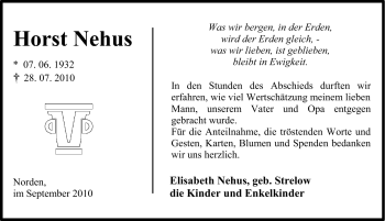 Traueranzeige von Horst Nehus von Ostfriesischer Kurier