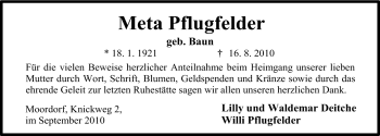 Traueranzeige von Meta Pflugfelder von Ostfriesischer Kurier