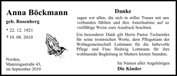 Traueranzeige von Anna Böckmann von Ostfriesischer Kurier