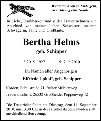 Traueranzeige von Bertha Helms von Ostfriesischer Kurier