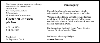 Traueranzeige von Gretchen Janssen von Ostfriesischer Kurier