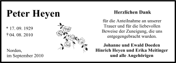 Traueranzeige von Peter Heyen von Ostfriesischer Kurier