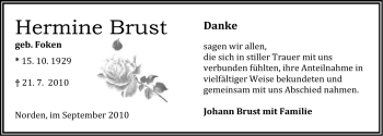 Traueranzeige von Hermine Brust von Ostfriesischer Kurier