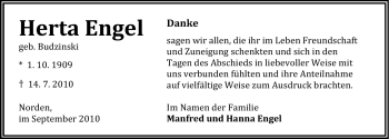 Traueranzeige von Herta Engel von Ostfriesischer Kurier