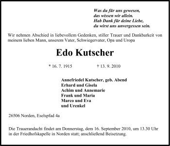 Traueranzeige von Edo Kutscher von Ostfriesischer Kurier