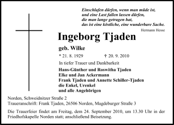 Traueranzeige von Ingeborg Tjaden von Ostfriesischer Kurier