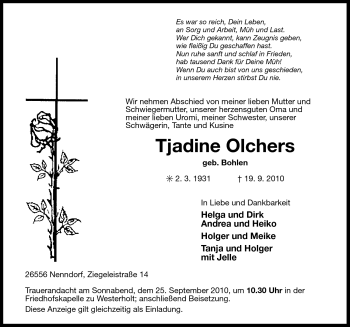 Traueranzeige von Tjadine Olchers von Ostfriesischer Kurier