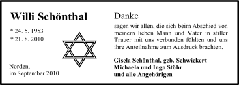 Traueranzeige von Willi Schönthal von Ostfriesischer Kurier