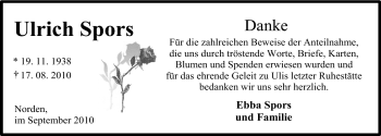 Traueranzeige von Ulrich Spors von Ostfriesischer Kurier