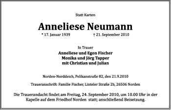 Traueranzeige von Anneliese Neumann von Ostfriesischer Kurier