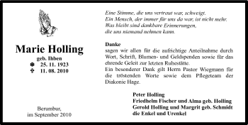 Traueranzeige von Marie Holling von Ostfriesischer Kurier