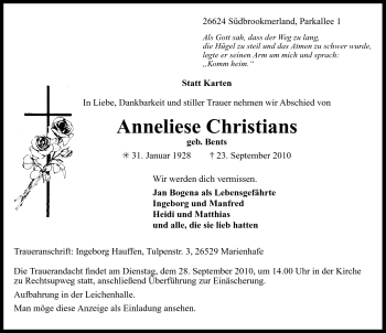 Traueranzeige von Anneliese Christians von Ostfriesischer Kurier
