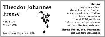 Traueranzeige von Theodor Johannes Freese von Ostfriesischer Kurier