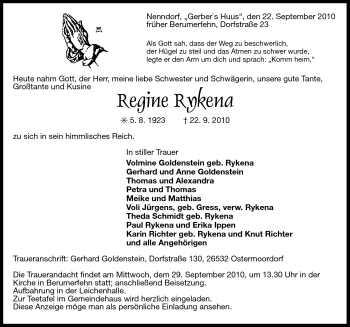 Traueranzeige von Regine Rykena von Ostfriesischer Kurier