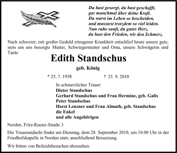 Traueranzeige von Edith Standschus von Ostfriesischer Kurier