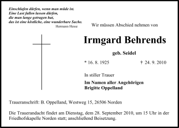 Traueranzeige von Irmgard Behrends von Ostfriesischer Kurier