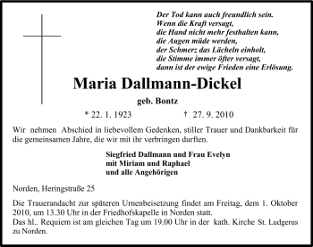 Traueranzeige von Maria Dallmann-Dickel von Ostfriesischer Kurier