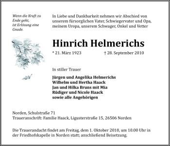 Traueranzeige von Hinrich Helmerichs von Ostfriesischer Kurier