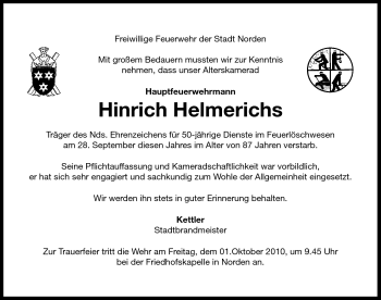 Traueranzeige von Hinrich Helmerichs von Ostfriesischer Kurier