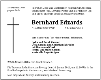Traueranzeige von Bernhard Edzards von Ostfriesischer Kurier