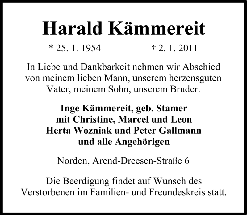  Traueranzeige für Harald Kämmereit vom 05.01.2011 aus Ostfriesischer Kurier