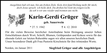 Traueranzeige von Karin-Gerdi Grüger von Ostfriesischer Kurier