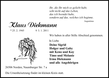 Traueranzeige von Klaus Diekmann von Ostfriesischer Kurier
