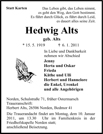 Traueranzeige von Hedwig Alts von Ostfriesischer Kurier