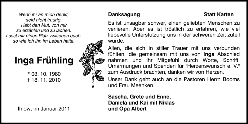  Traueranzeige für Inga Frühling vom 08.01.2011 aus Ostfriesischer Kurier