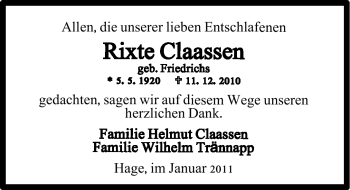 Traueranzeige von Rixte Claassen von Ostfriesischer Kurier