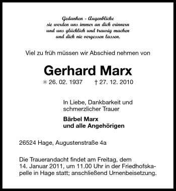 Traueranzeige von Gerhard Marx von Ostfriesischer Kurier
