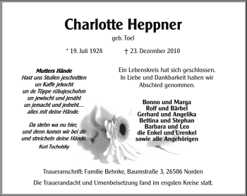 Traueranzeige von Charlotte Heppner von Ostfriesischer Kurier