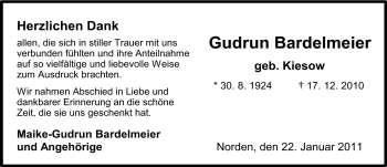 Traueranzeige von Gudrun Bardelmeier von Ostfriesischer Kurier