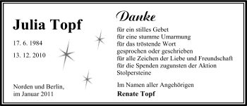 Traueranzeige von Julia Topf von Ostfriesischer Kurier