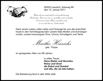 Traueranzeige von Martha Hinrichs von Ostfriesischer Kurier