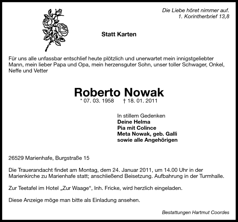  Traueranzeige für Roberto Nowak vom 20.01.2011 aus Ostfriesischer Kurier