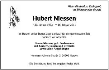 Traueranzeige von Hubert Niessen von Ostfriesischer Kurier