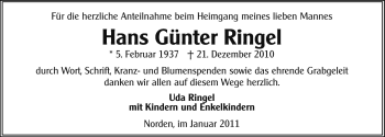 Traueranzeige von Hans Günter Ringel von Ostfriesischer Kurier