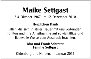 Traueranzeige von Maike Settgast von Ostfriesischer Kurier