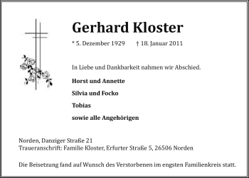 Traueranzeige von Gerhard Kloster von Ostfriesischer Kurier