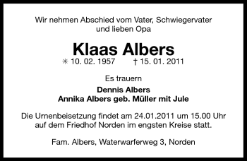 Traueranzeige von Klaas Albers von Ostfriesischer Kurier