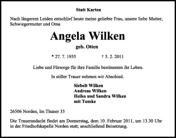 Traueranzeige von Angela Wilken von Ostfriesischer Kurier