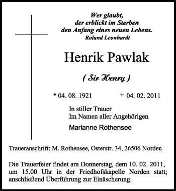 Traueranzeige von Henrik Pawlak von Ostfriesischer Kurier