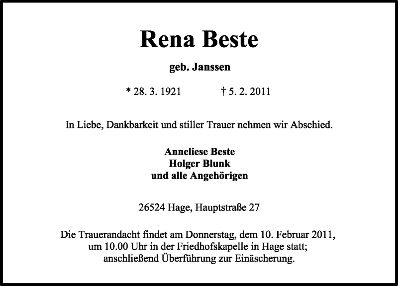  Traueranzeige für Rena Beste vom 07.02.2011 aus Ostfriesischer Kurier