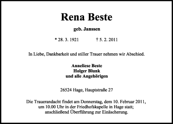 Traueranzeige von Rena Beste von Ostfriesischer Kurier