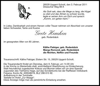 Traueranzeige von Grete Hemken von Ostfriesischer Kurier