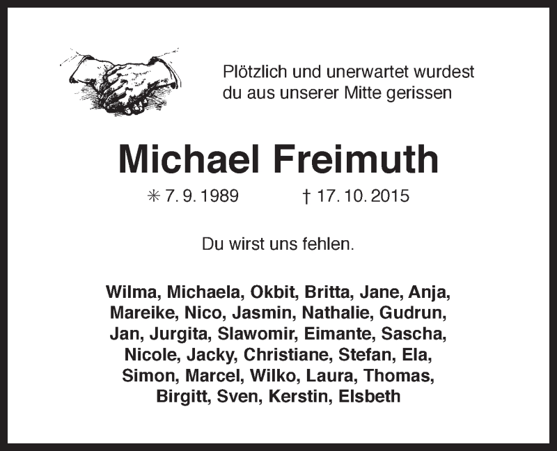  Traueranzeige für Michael Freimuth vom 21.10.2015 aus 