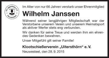 Traueranzeige von Wilhelm Janssen 